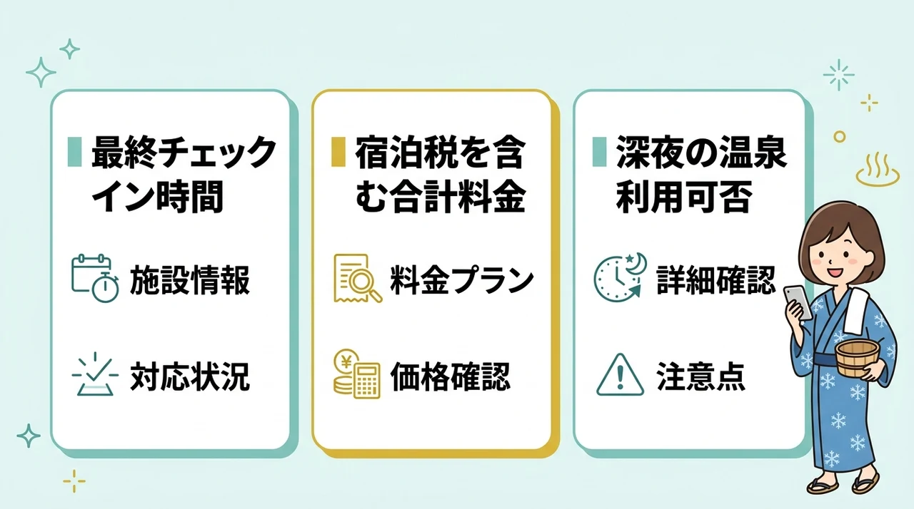 ニセコで今夜泊まれる温泉宿を失敗せず選ぶ3つのコツの要点をまとめた図解(最終チェックイン時間・宿泊税を含む合計料金・深夜の温泉利用可否)