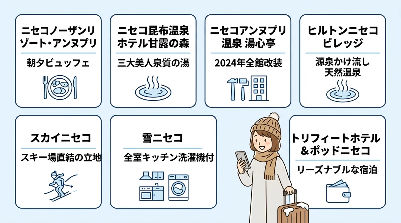 ニセコで当日予約可能な旅館・ホテルの空室7選の要点をまとめた図解（ニセコノーザンリゾート・アンヌプリ・ニセコ昆布温泉 ホテル甘露の森・ニセコアンヌプリ温泉 湯心亭）