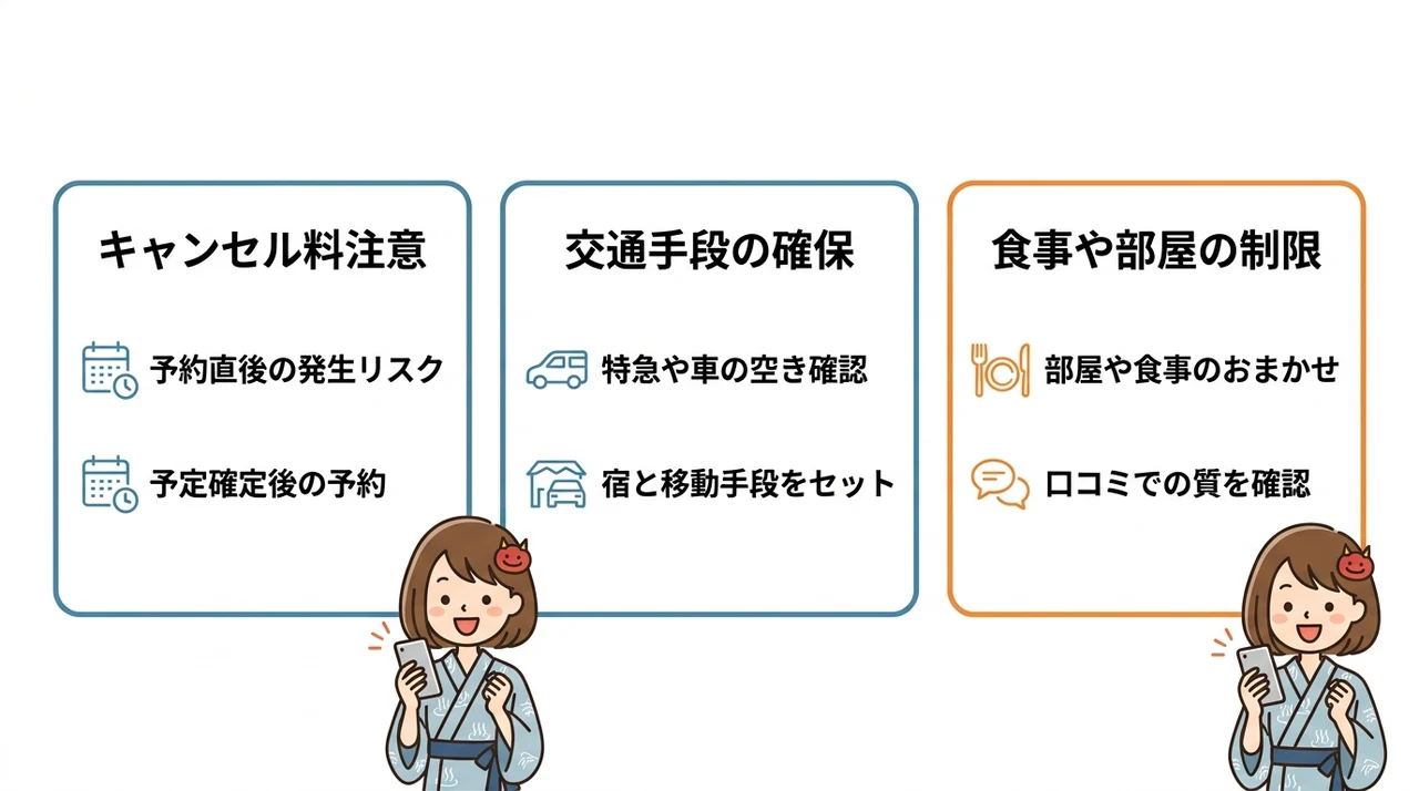 鬼怒川温泉の直前予約で知るべき注意点3つの要点をまとめた図解（キャンセル料に注意・交通手段を確保する・食事や部屋を選べない）