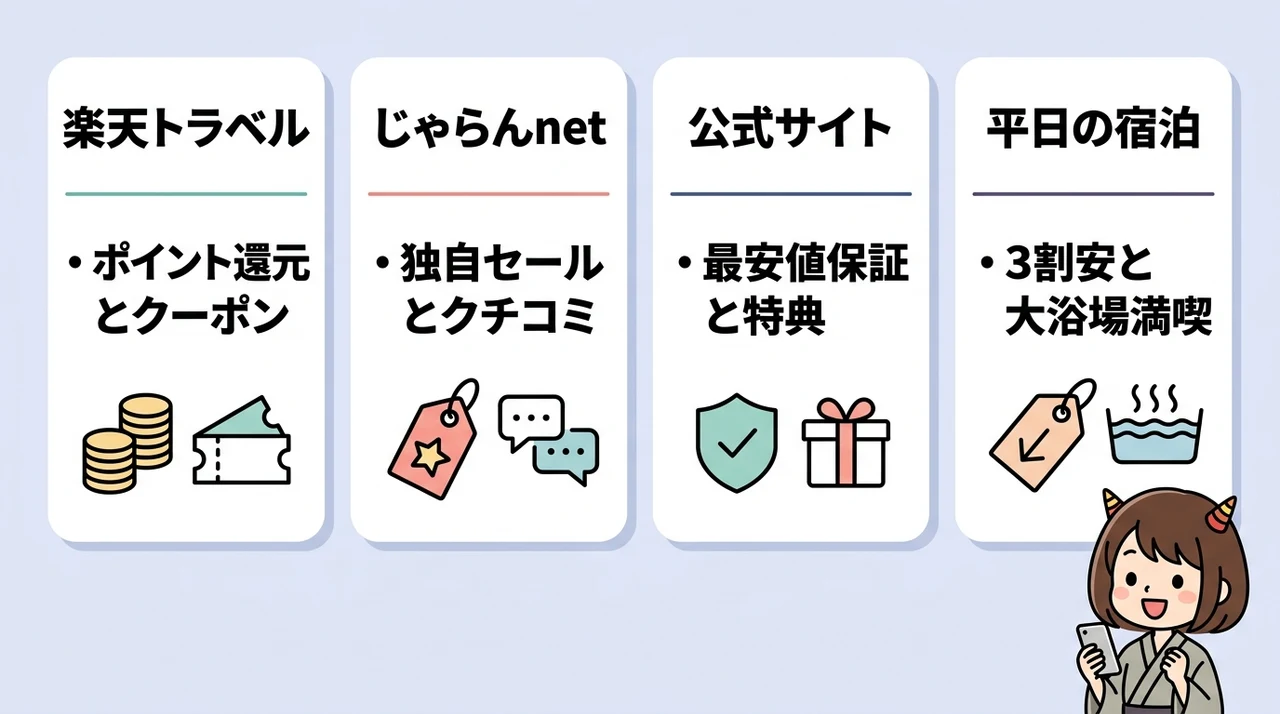 鬼怒川エリアの宿をお得に予約する方法の要点をまとめた図解（楽天トラベルを利用する・じゃらんnetを比較する・公式サイトを確認する）