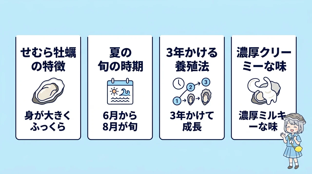 山口が誇るブランド岩がきの旬と特徴の要点をまとめた図解(せむら牡蠣の特徴・夏の旬の時期・3年かける養殖法)