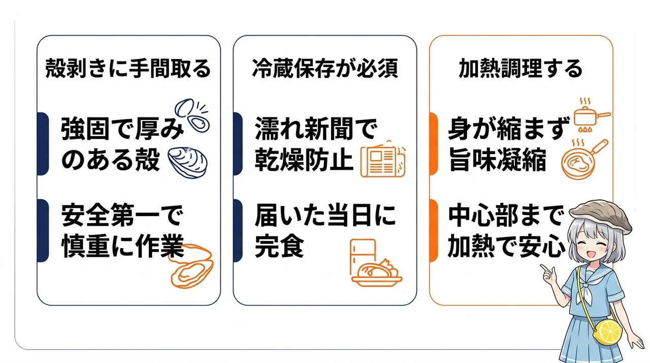 殻付き岩がきを扱う際の注意点3つの要点をまとめた図解(殻剥きに手間取る・冷蔵保存が必須・加熱調理する)