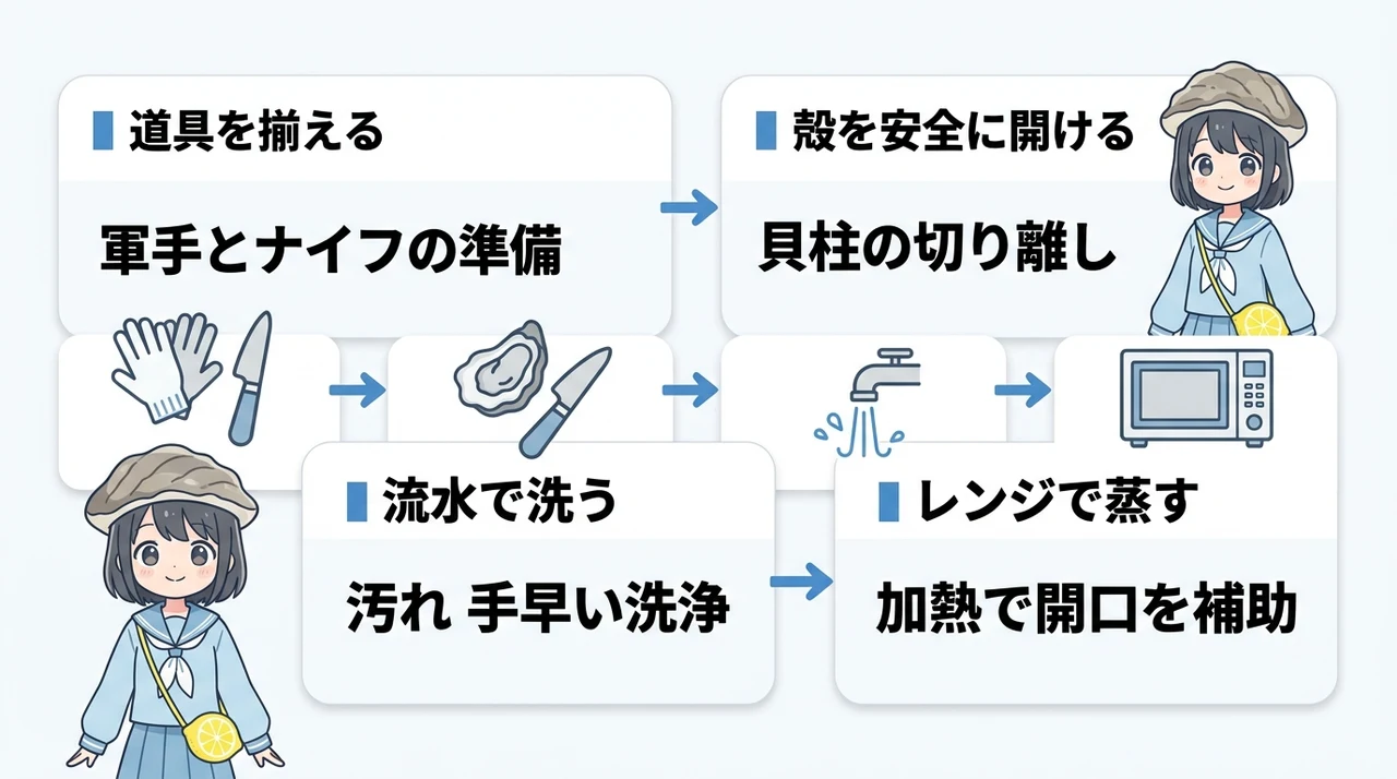 失敗しない岩がきの安全な剥き方と調理手順の要点をまとめた図解(道具を揃える・殻を安全に開ける・流水で洗う)