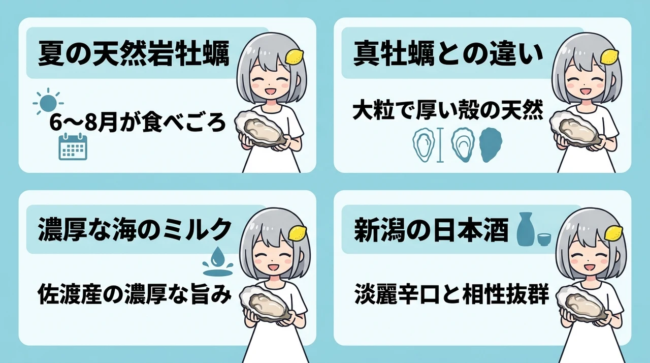 新潟・佐渡産の岩牡蠣の魅力と旬の時期の要点をまとめた図解(夏が旬の天然岩牡蠣・真牡蠣との違い・クリーミーな海のミルク)