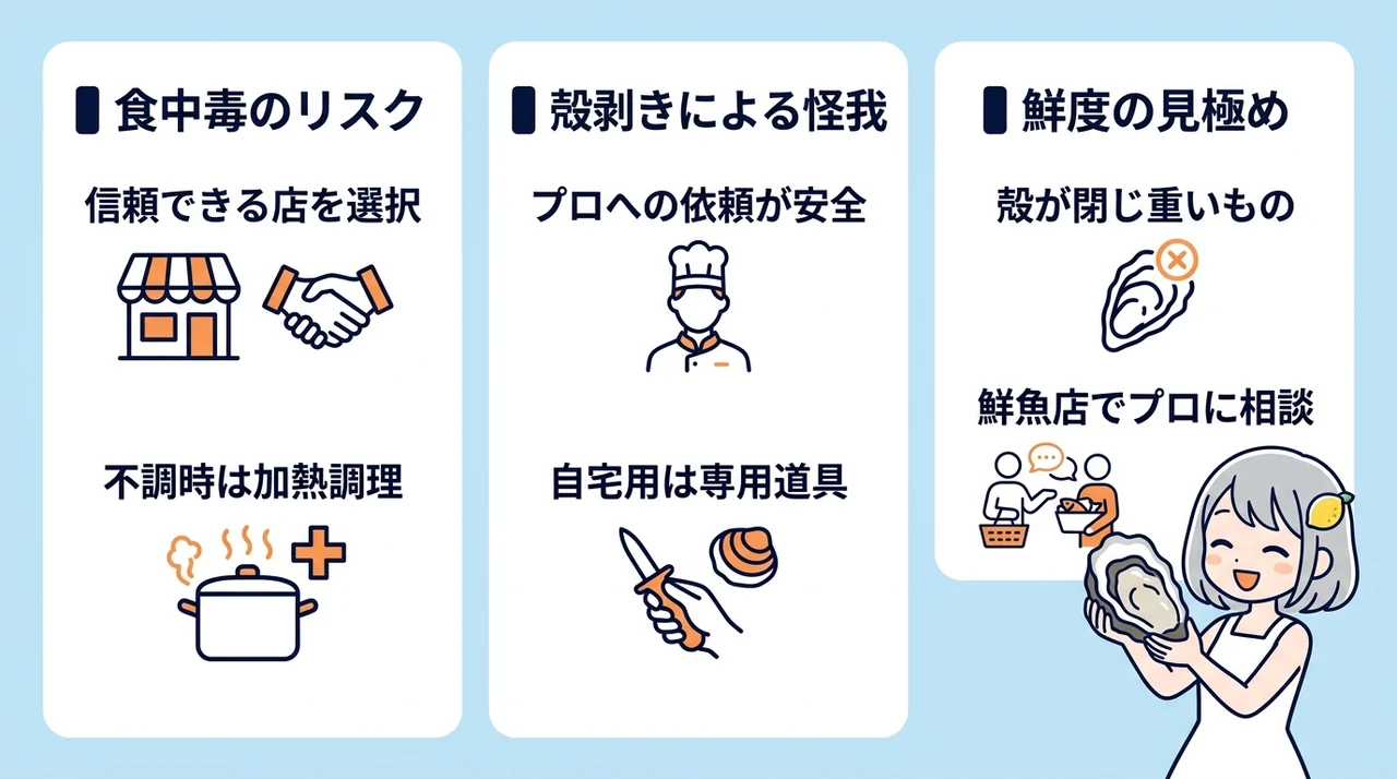 岩牡蠣を安全に楽しむための注意点3つの要点をまとめた図解(食中毒のリスク・殻剥きによる怪我・鮮度の見極め)