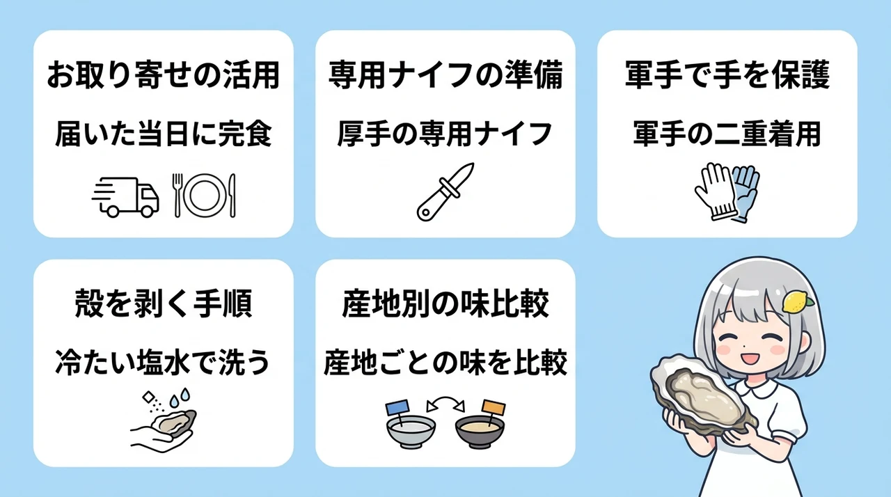 新潟産岩牡蠣を自宅で味わう方法の要点をまとめた図解(お取り寄せを活用する・専用ナイフを用意する・軍手で手を保護する)