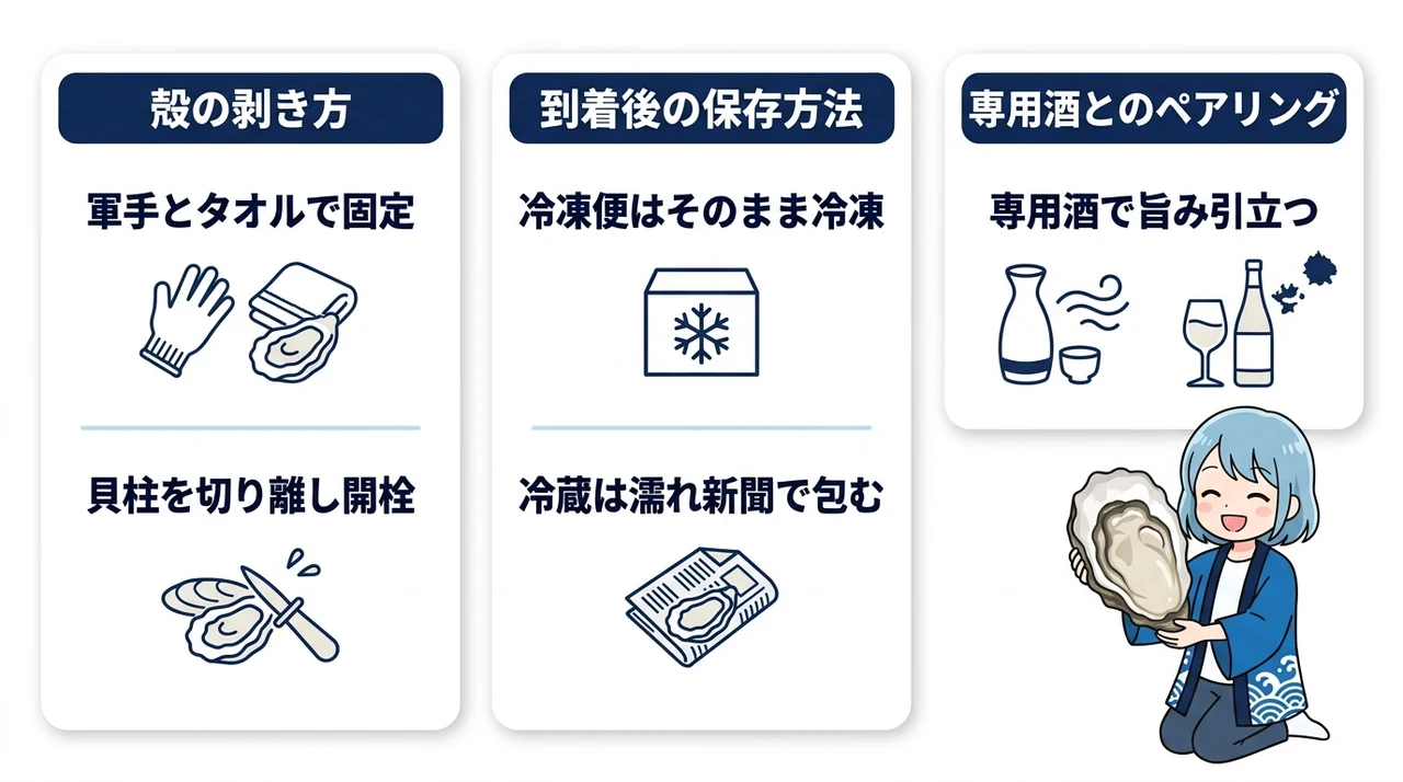 隠岐産岩牡蠣の美味しい食べ方と剥き方の要点をまとめた図解(殻の剥き方・到着後の保存方法・専用酒とのペアリング)
