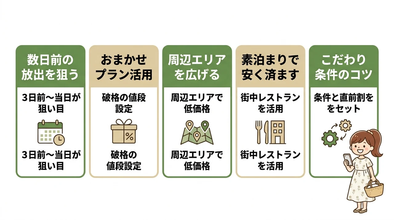軽井沢の温泉旅館を直前予約で失敗しない選び方の要点をまとめた図解(数日前の放出を狙う・おまかせプラン活用・周辺エリアを広げる)