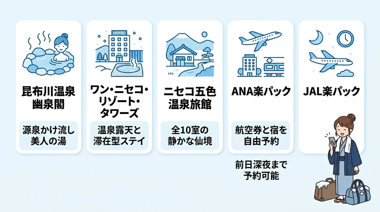 ニセコの温泉旅館を直前予約で安く泊まる厳選5選の要点をまとめた図解(昆布川温泉 幽泉閣・ワン・ニセコ・リゾート・タワーズ・ニセコ五色温泉旅館)