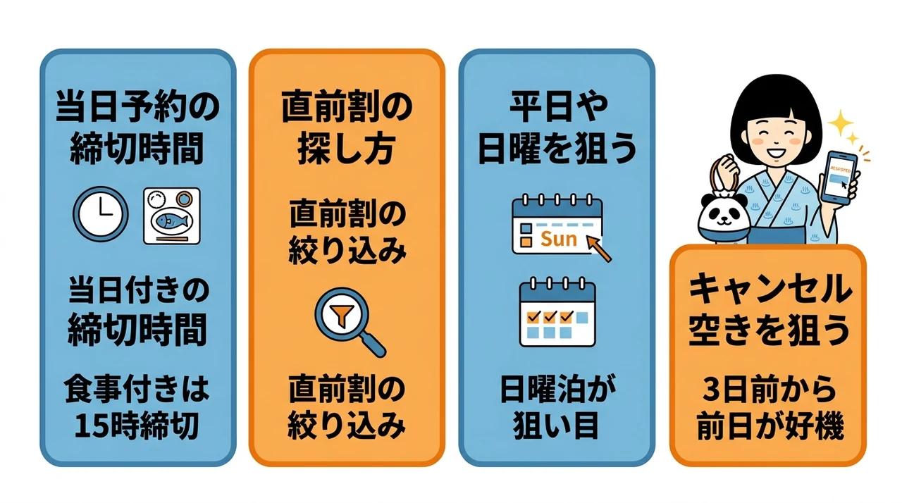 温泉旅館を白浜で直前予約する際の効果的な探し方の要点をまとめた図解（当日予約の締切時間・直前割プランの探し方・平日や日曜を狙う）