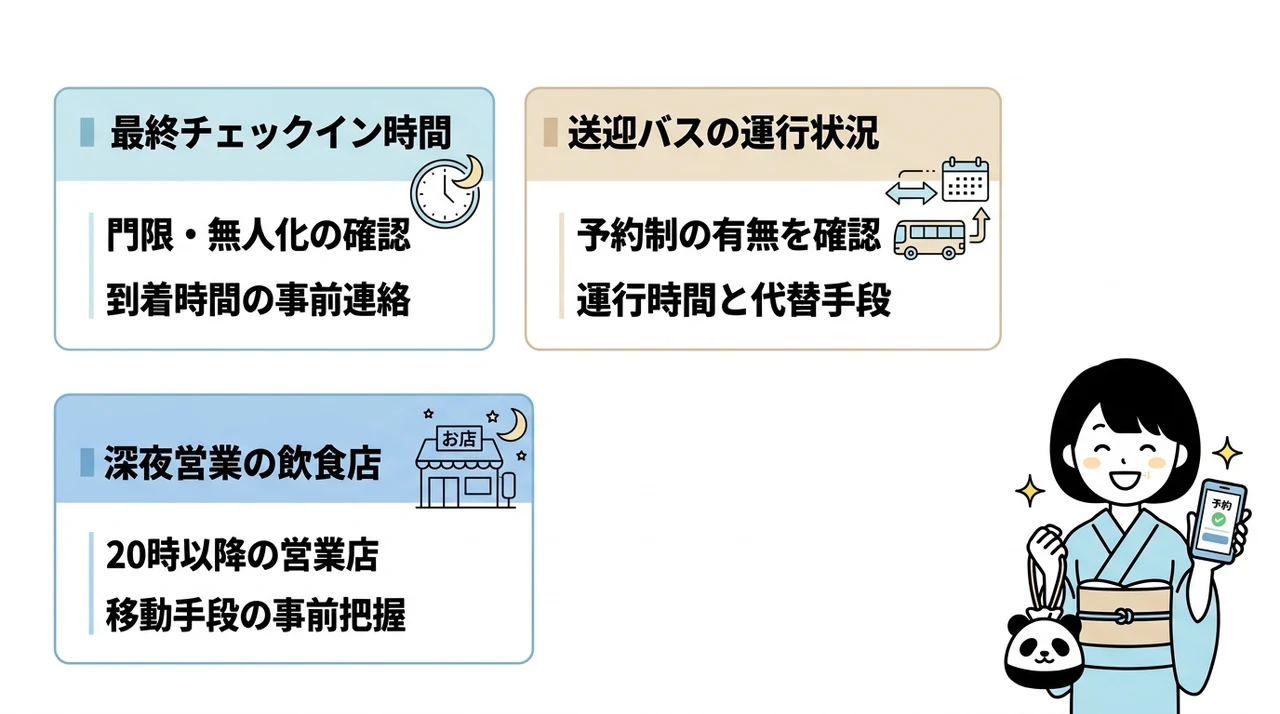 白浜の温泉旅館選びで失敗しないための確認事項の要点をまとめた図解（最終チェックイン時間・送迎バスの運行状況・深夜営業の飲食店情報）