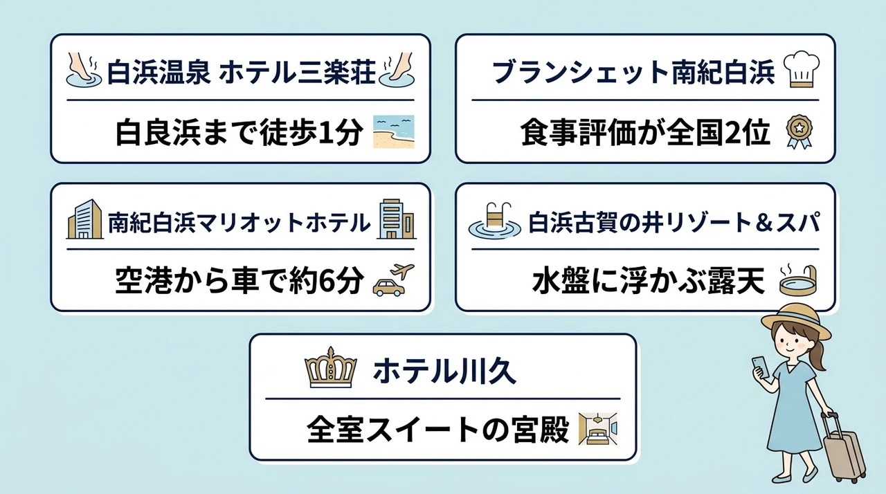 白浜で旅館の当日空室を今すぐ予約できる宿泊施設5選の要点をまとめた図解（白浜温泉 ホテル三楽荘・ブランシェット南紀白浜・南紀白浜マリオットホテル）