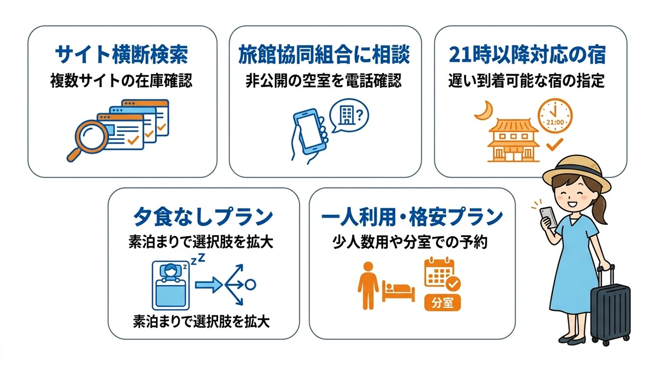 白浜で当日空室を確実に見つける予約のコツの要点をまとめた図解（主要サイトを横断検索・旅館協同組合に電話する・21時以降対応の宿を探す）