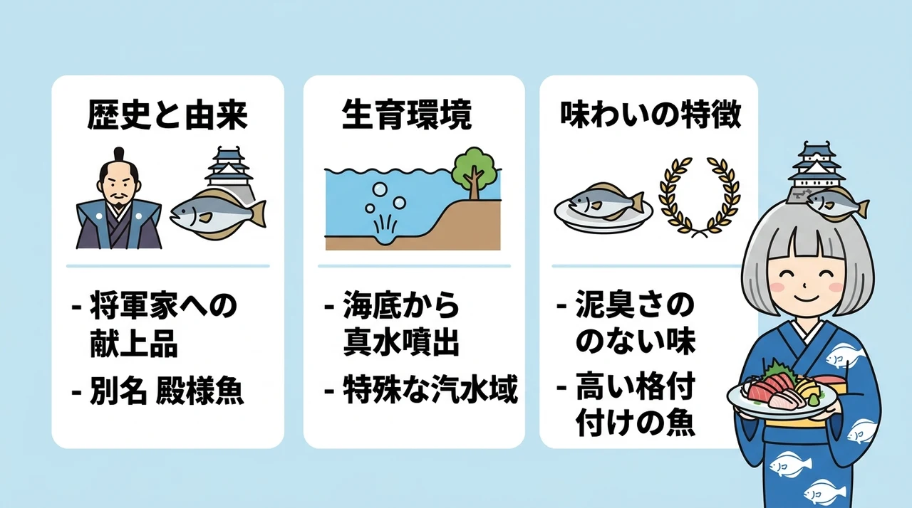 城下かれい(大分・日出)の歴史と美味しさの要点をまとめた図解(歴史と由来・生育環境・味わいの特徴)