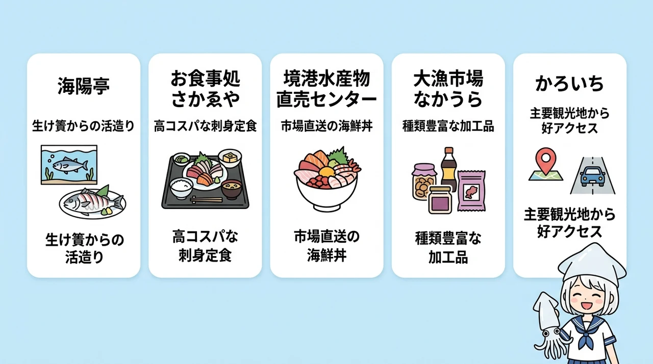 白いか(鳥取・境港)を味わえる名店と人気直売所5選の要点をまとめた図解(海陽亭・お食事処 さかゑや・境港水産物直売センター)