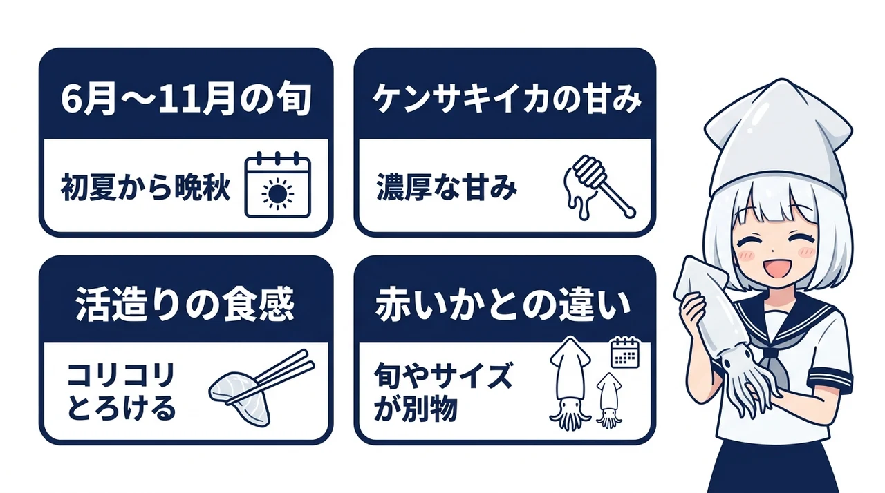 鳥取の白いかが旬を迎える時期と味の特徴の要点をまとめた図解(6月から11月の旬・ケンサキイカの甘み・活造りの食感)