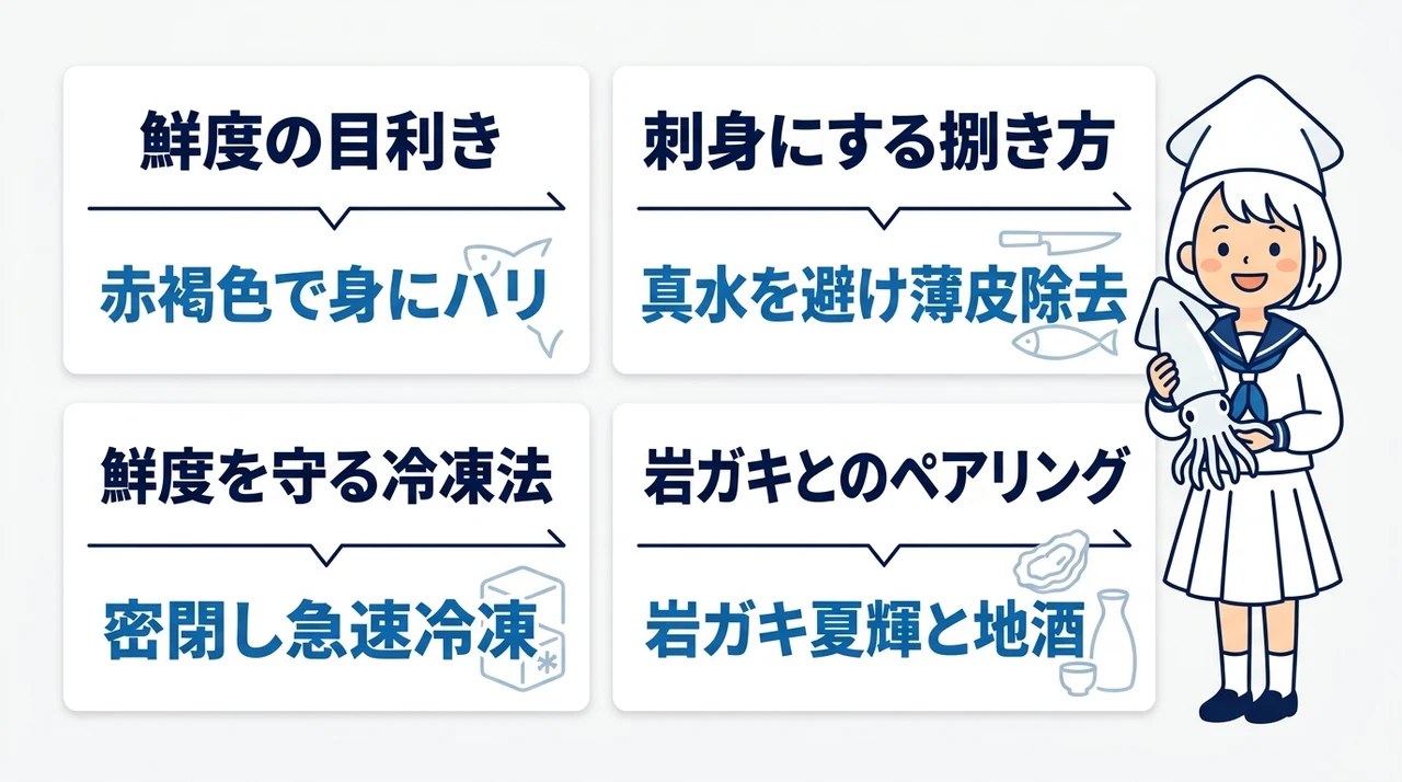白いかの鮮度を見分ける方法と保存のコツの要点をまとめた図解(鮮度の目利き・刺身にする捌き方・鮮度を守る冷凍法)