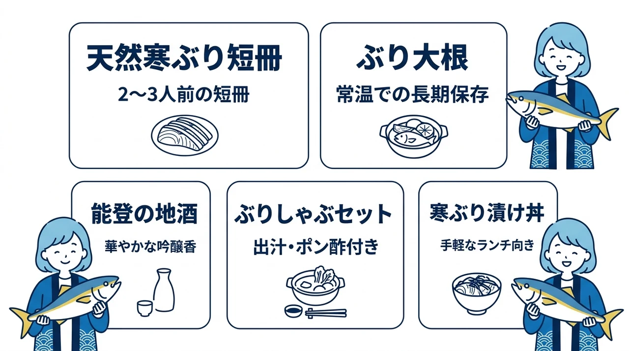 石川・能登の寒ブリを堪能するおすすめ5選の要点をまとめた図解（天然寒ぶり短冊・ぶり大根・能登の地酒）
