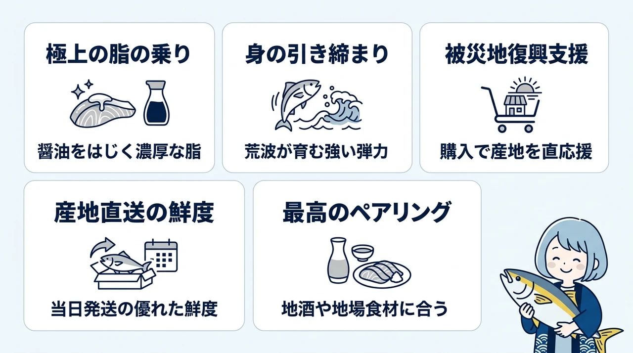 能登の寒ブリを味わうメリット5つの要点をまとめた図解（極上の脂の乗り・身の引き締まり・被災地の復興支援）