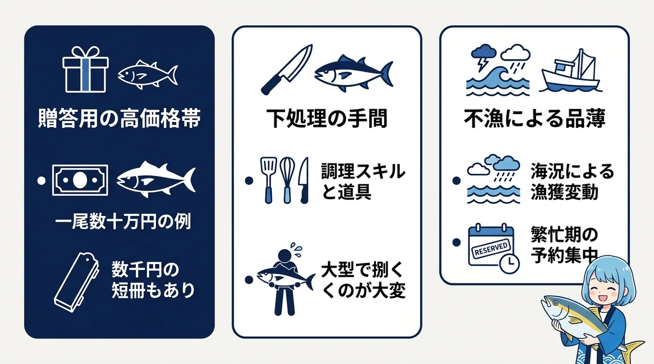 能登の寒ブリに関するデメリット3つの要点をまとめた図解（贈答用の高価格帯・下処理の手間・不漁による品薄）
